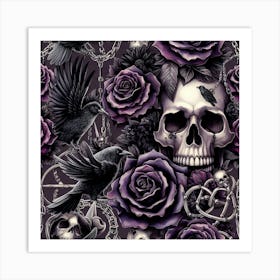 Gothic Skull, Roses And Crows Pattern Art Print