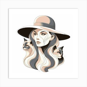 Elegant Woman with Hat And Cats Pastell Color Drawing Art Print