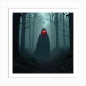 Shadowy Figure With Glowing Red Eyes In A Misty Forest 1 Art Print