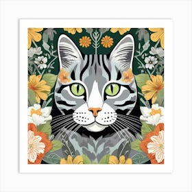 morris Cat With Flowers 3 Art Print