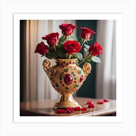 Gold Vase With Red Roses Art Print