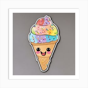 A Cute Rainbow Ice Cream Cone With Sprinkles And A Smiling Face Sticker Art Print