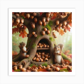 Autumn Tree With Squirrels Art Print