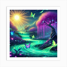 Stream With Bioluminescent Fish Butterflies Sun Spinning Wind Tree 8 Art Print