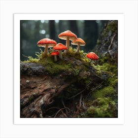 Mushrooms Growing On A Fallen Tree Art Print