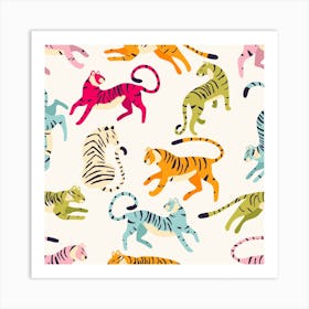 Colorful Tiger Pattern On White Square Art Print