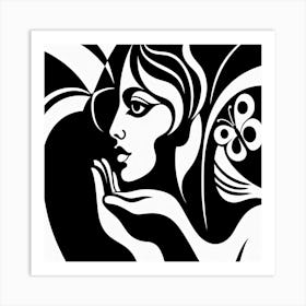 Black and White Bold Female Portrait Abstract with Butterfly Art Print