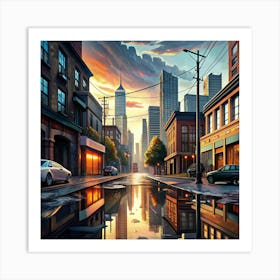 City Street With Reflections In Puddles 1 Art Print