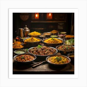 Assortment Of Indian Cuisine Showcasing Vibrant Freshness Biryani Dal Tandoori Vegetables And A (1) Art Print