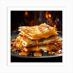 Lasagna On A Black Plate With Fire Art Print