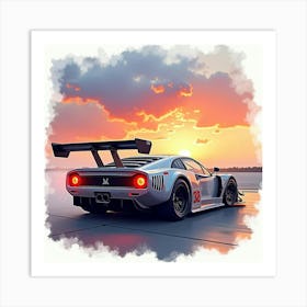 High Performance Car With A Dreamy Sunset, Watercolor Painting 1 Art Print