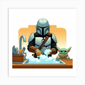 Mando Mandalorian Grogu Baby Yoda Washing Dishes Star Wars Art Print Art Print