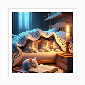 Kittens Sleeping In Bed 1 Art Print