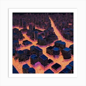 2d Illustration Of A Cityscape At Night Buildings Made Of Octagonal Fractal Patternneon Vibrant 617311733 Art Print