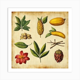 Illustration Of Tropical Fruits And Flowers Art Art Print