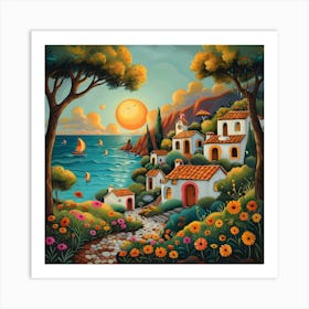 Coastal Mediterranean Village, Naive, Whimsical, Folk Art Print