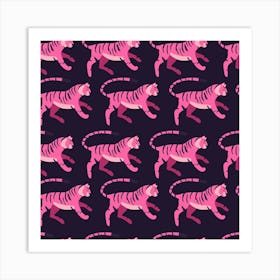 Pink Tiger Pattern On Dark Purple Square Art Print