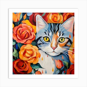 Cat With Roses Art Print