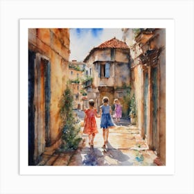 Two girls walking down a street Art Print