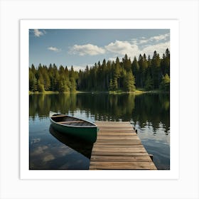 A Peaceful Lakeside Cabin With A Wooden Dock And A Canoe Tied To It Art Print