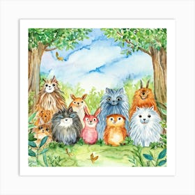 Watercolor Illustration Of A Congregation Of Friendly Fluffy Creatures Each Exhibiting Unique Fur Art Print