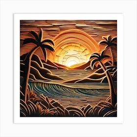 Sunset At The Beach paper cut Art Print