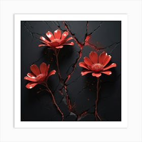 Red Flowers On A Cracked Wall 1 Art Print