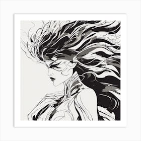 Negative Space Comic Art, Fierce Heroine, Silhouette, Black And White Backdrop, Clean Lines, Minima (9) Art Print