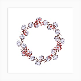 Wreath with Cotton Flowers and Red Berries Art Print