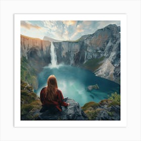 Girl Looking At A Waterfall Art Print