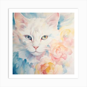 Cat With Roses Art Print