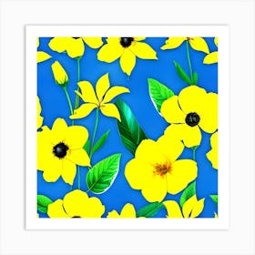 Yellow Flowers On Blue Background 1 Art Print