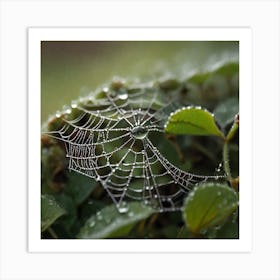 Macro shot of a spider web covered in morning dew, intricate Art Print