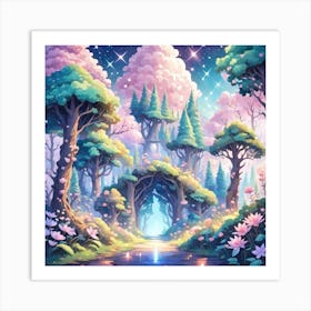 A Fantasy Forest With Twinkling Stars In Pastel Tone Square Composition 257 Art Print