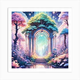 A Fantasy Forest With Twinkling Stars In Pastel Tone Square Composition 343 Art Print