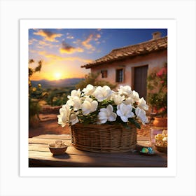 White Flowers In A Basket Art Print