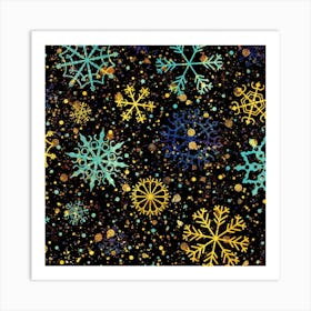 Gold Teal Snowflakes Gold Abstract Christmas Art Print