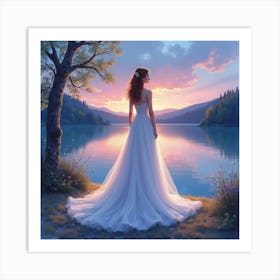 Elegant Gown Watercolor, With A Tranquil Lakeside Twilight 1 Art Print