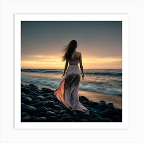 Woman Walking On The Beach At Sunset Art Print