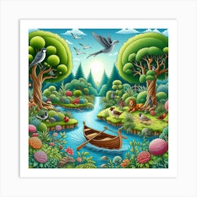 Illustration Of A Boat In The Forest Art Print