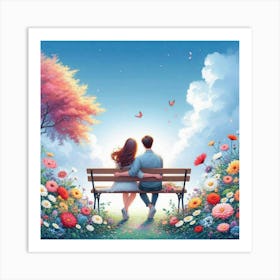 Couple Sitting On A Bench Art Print