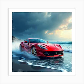 Ferrari 812 Superfast With A Vivid Watercolor Stormy Ocean Background Art Print