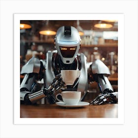 Robot Drinking Coffee Art Print