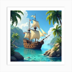 Ornate Galleon Anchored In A Watercolor Tropical Cove 1 Art Print