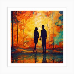 Sunset Couple In The Forest Art Print