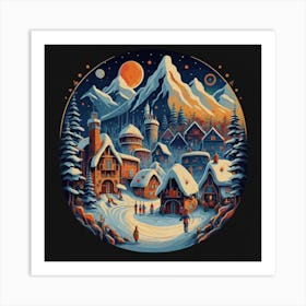 Abstract painting of a mountain village with snow falling 27 Art Print