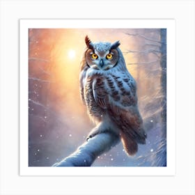 Brown Owl lit by Golden Sunlight in the Falling Snow Art Print