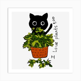 Cat black loves Potted Plant Art Print