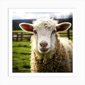 Sheep Behind A Barbed Wire Fence Art Print