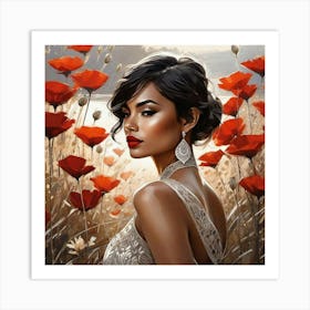 Woman In Red Poppy Field Art Print